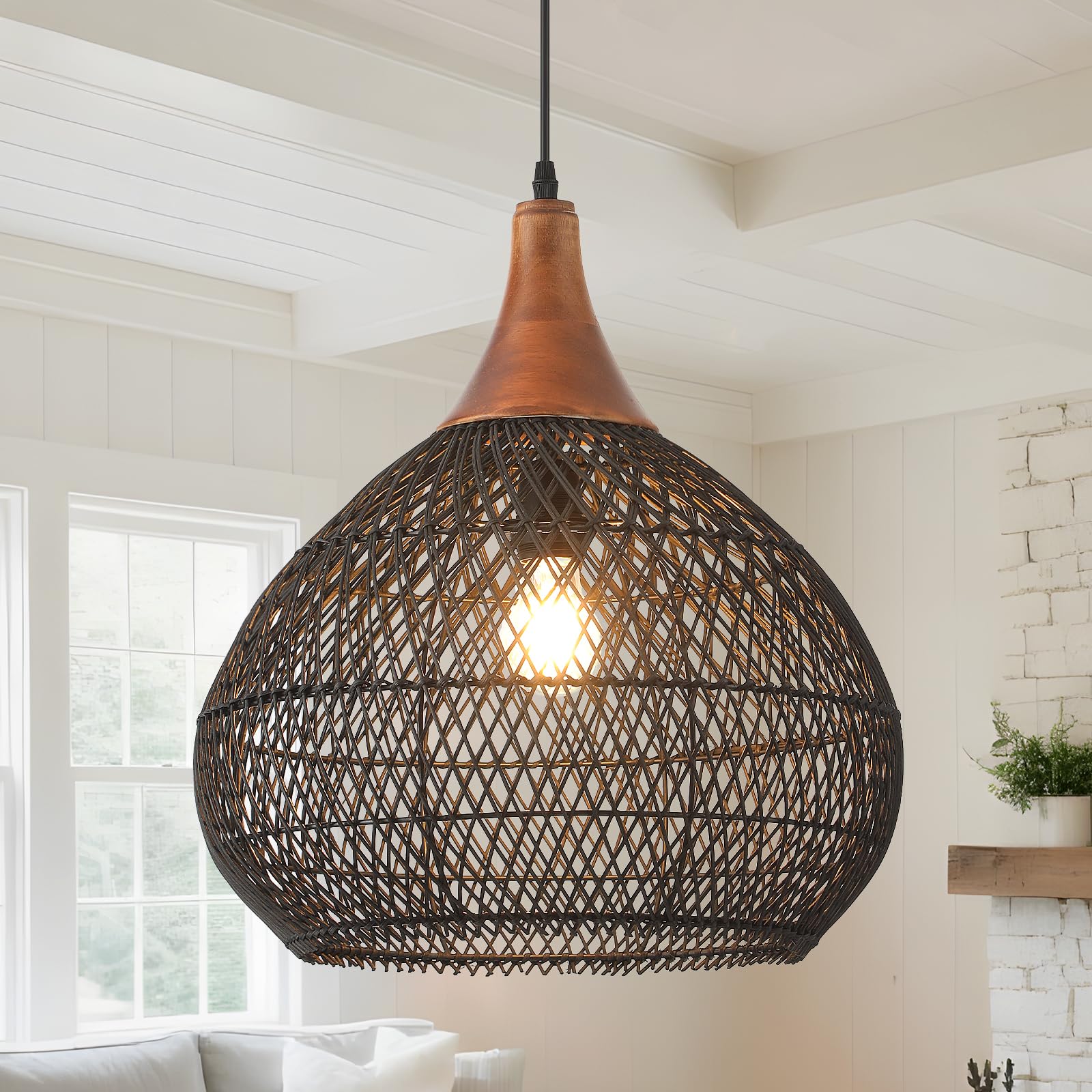 Boho Pendant Lights, 15.7" 1-Light Rattan Chandelier Hand-Woven Wicker Pendant Light with Water Hyacinth Shade, Coastal Dome Hanging Light for Dining Room Kitchen Island