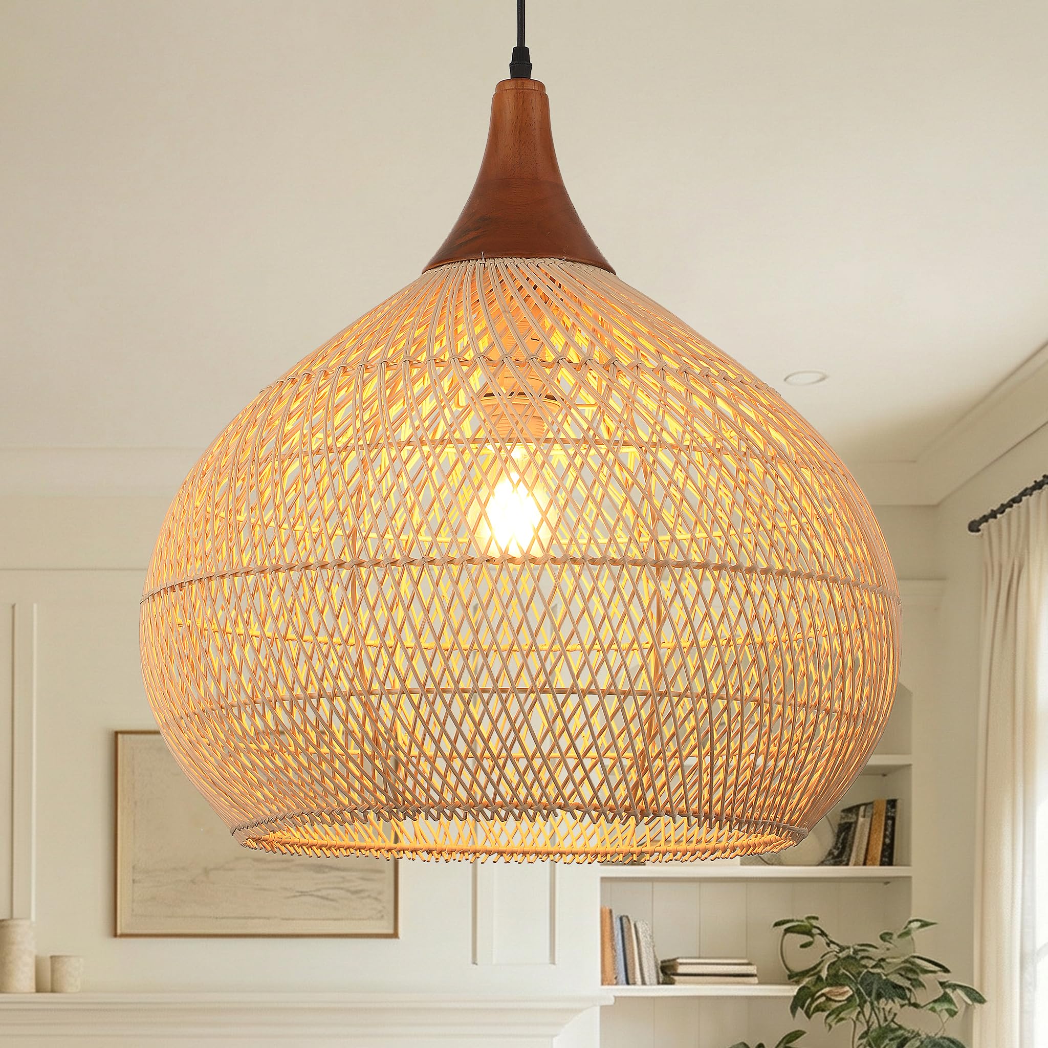 Boho Pendant Lights, 15.7" 1-Light Rattan Chandelier Hand-Woven Wicker Pendant Light with Water Hyacinth Shade, Coastal Dome Hanging Light for Dining Room Kitchen Island
